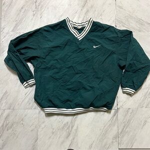 Nike 90s Vintage V-Neck Windbreaker Pullover Forest Green White Stripe Mens XXL